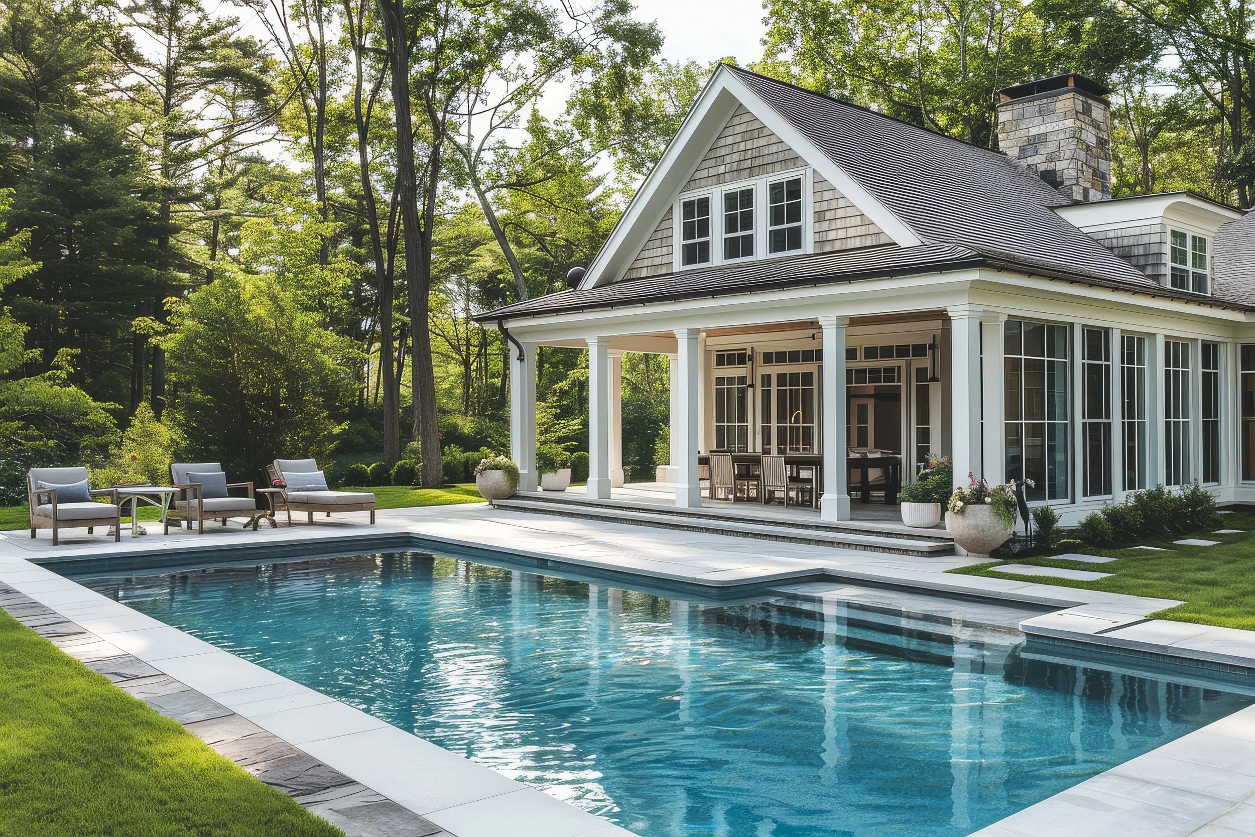 A backyard scene featuring a swimming pool with clear blue water, outdoor lounge chairs, and a large house with a porch, surrounded by tall green trees.