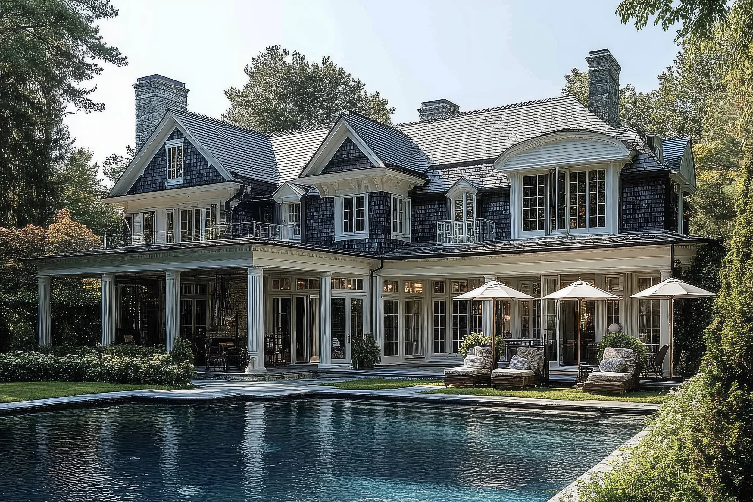 Large mansion with a gray stone roof and white trim, surrounded by trees, with an outdoor patio area and a water feature in the foreground.