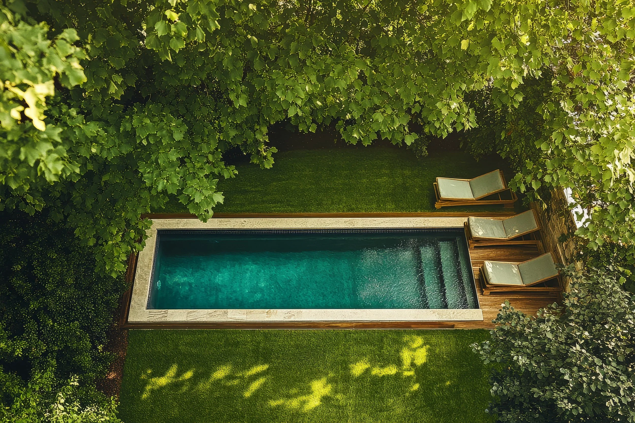 A backyard with a swimming pool surrounded by lush green trees and grass, with several lounge chairs on the patio.