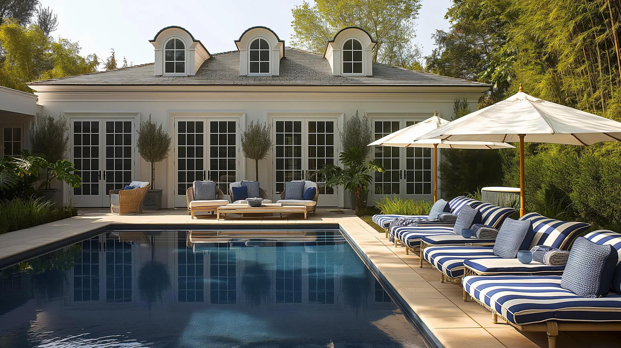 Backyard pool area with striped lounge chairs, umbrellas, a sitting area with cushions, lush greenery, and a white house with arched dormer windows in the background.