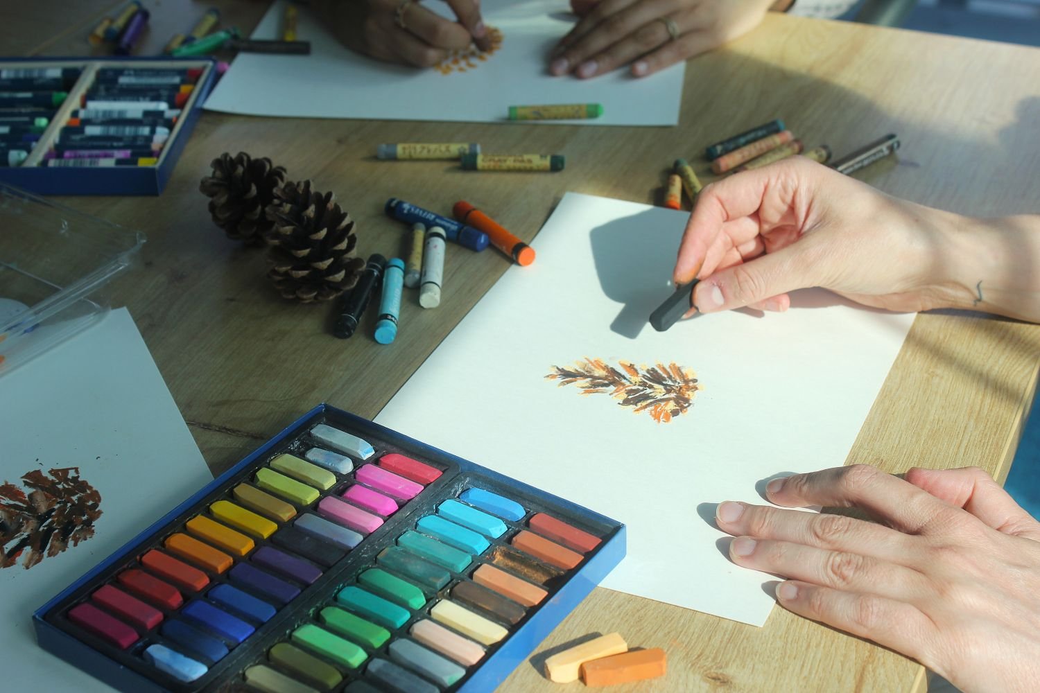 Someone sketching a pine cone using pastels