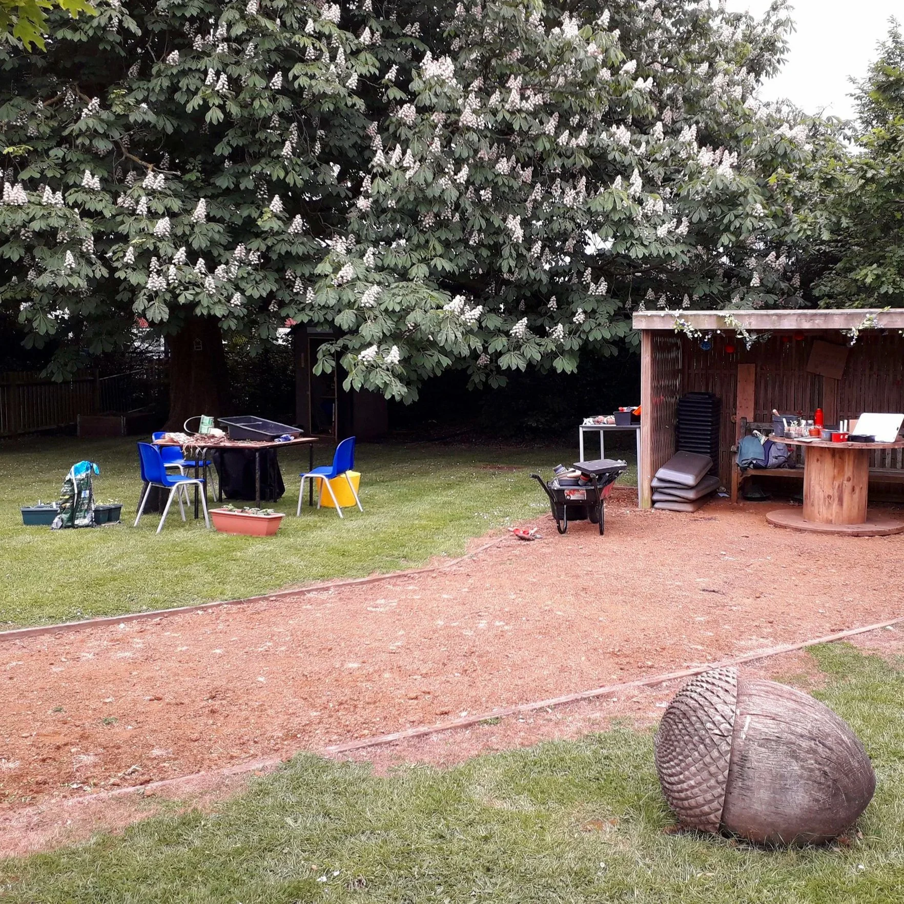 A school garden with gardening equipment