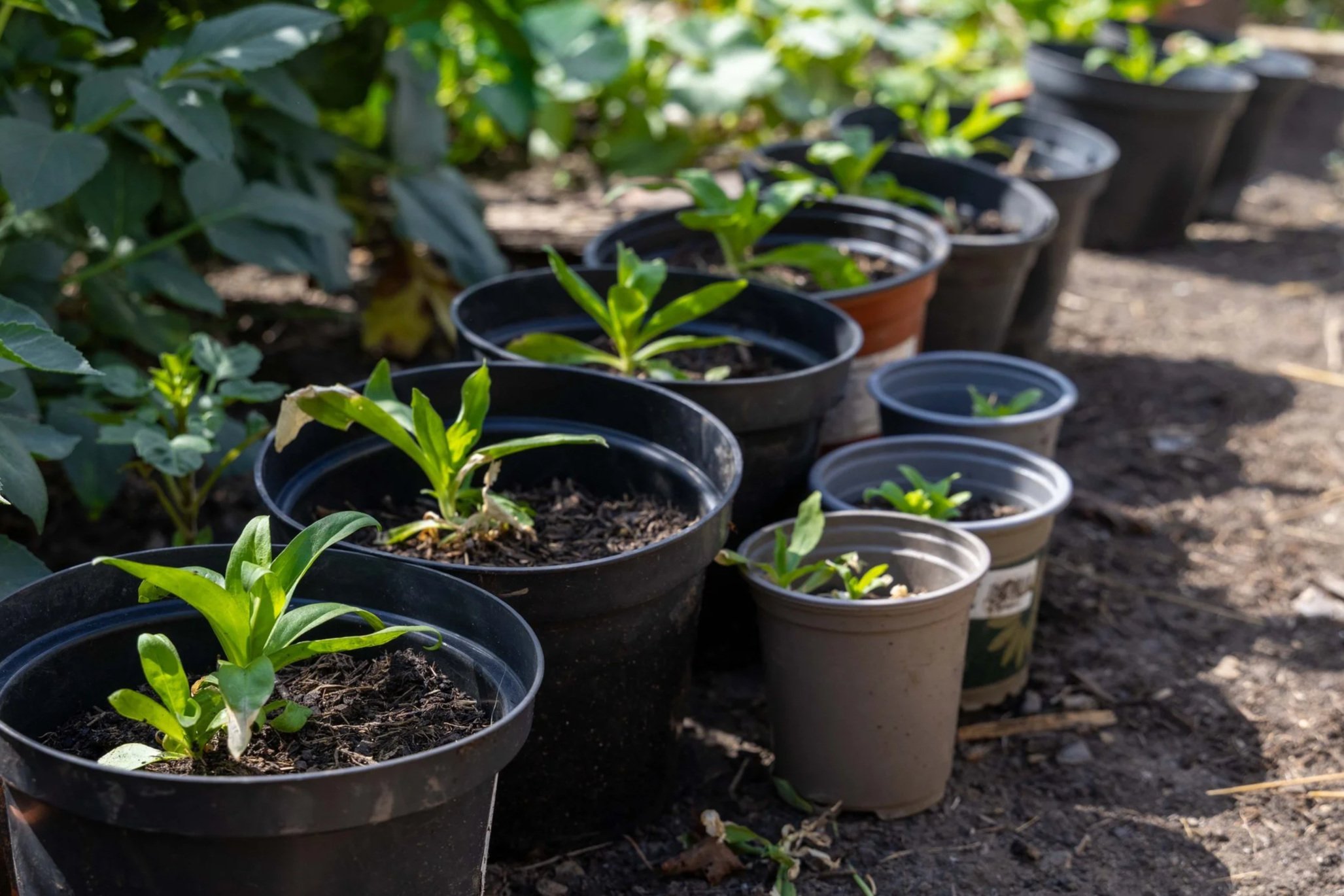 A row of sweet william plants in pots
