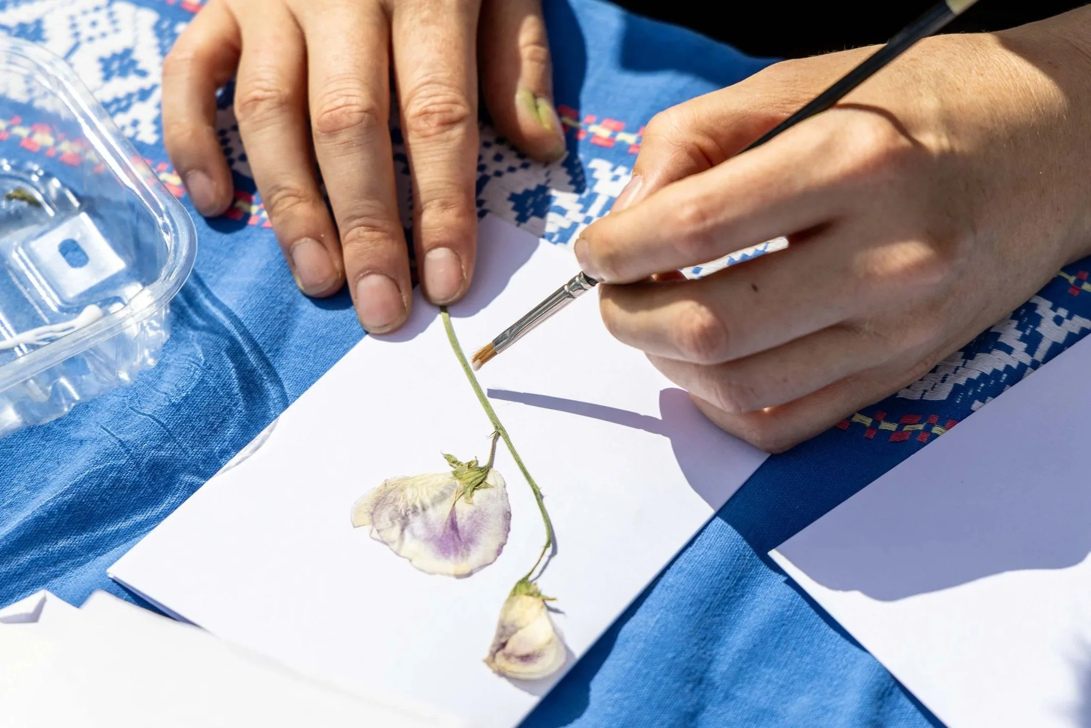 A close up of someone making a greetings card using dried flowers