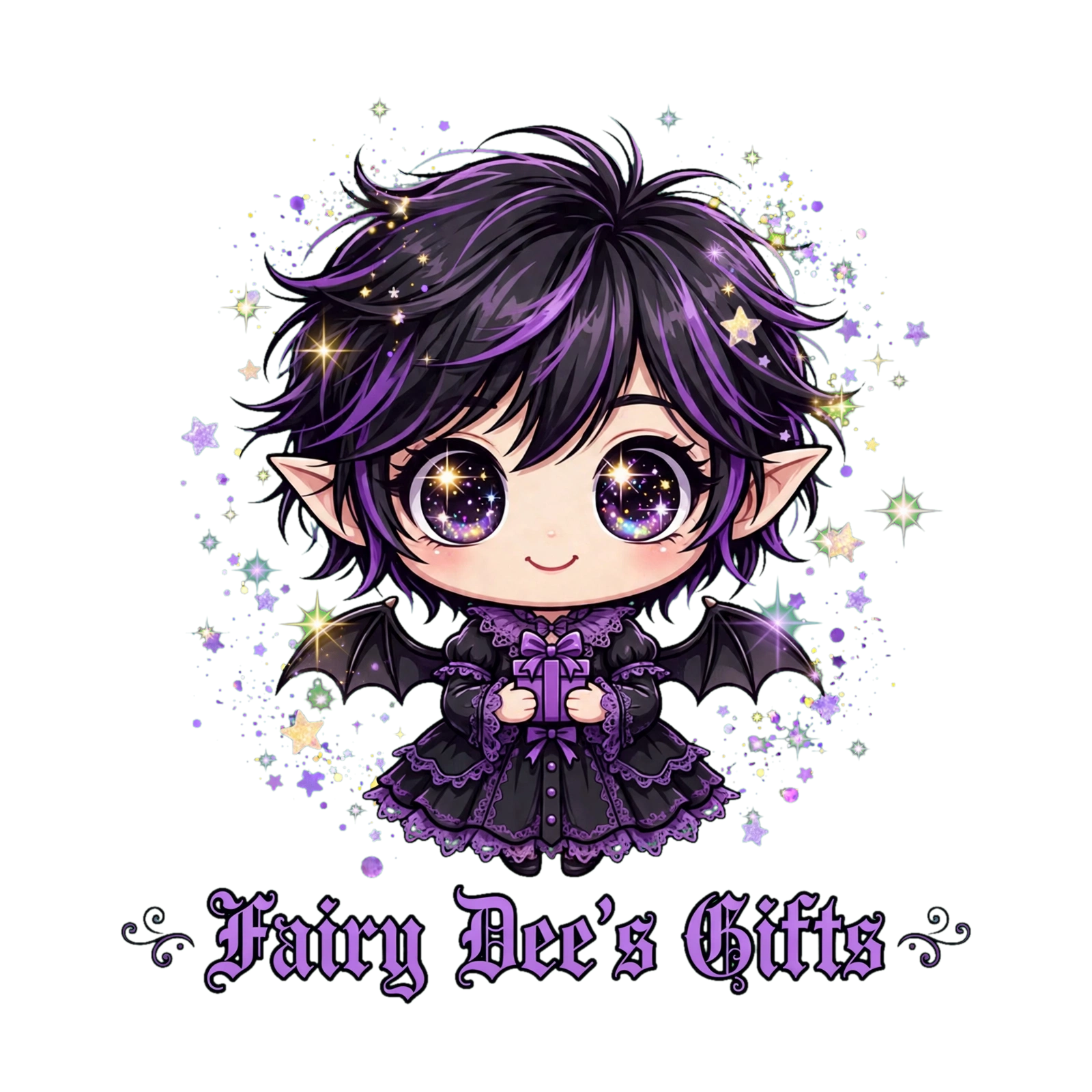 A chibi-style character with purple and black hair, large sparkling eyes, and elf ears, dressed in a purple and black gothic outfit with bat wings, holding a small gift box. The background features glittering stars and a caption that reads 'Faery Ace's Gift'.