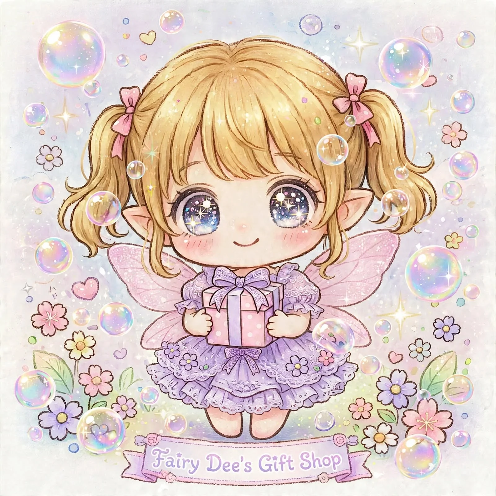 A cute illustration of a fairy with blonde hair in pigtails, wearing a pink dress with lace, holding a pink gift box with a purple ribbon. The fairy has large sparkling eyes and fairy wings, surrounded by colorful bubbles, flowers, and hearts. A banner at the bottom reads 'Fairy Dee's Gift Shop.'