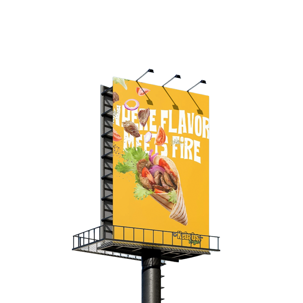 Large yellow billboard advertising a kebab wrap, featuring images of grilled meat, vegetables, and a wrap cone, with partly cloudy sky in the background.