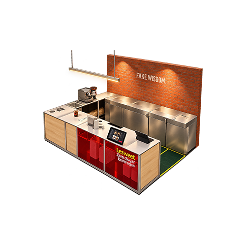 A modern fast food restaurant counter with a red background, brick wall with the words "FAKE WISDOM," stainless steel surface, red cabinets with transparent doors, and a menu board.