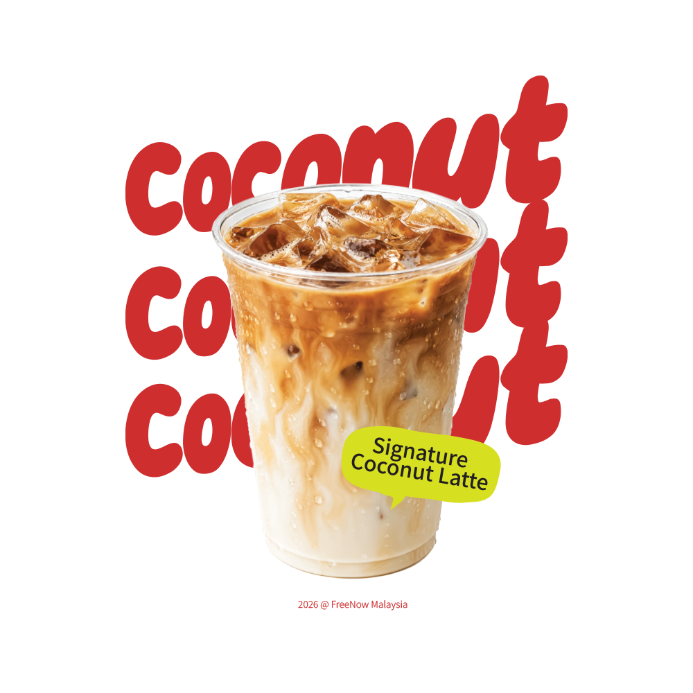 A person wearing a red hat with 'FreeNow' embroidered on it and white sunglasses, holding a clear plastic cup of iced coconut latte with ice, against a blue sky. The image has logos for FreeNow and a label for 'Signature Coconut Latte'.