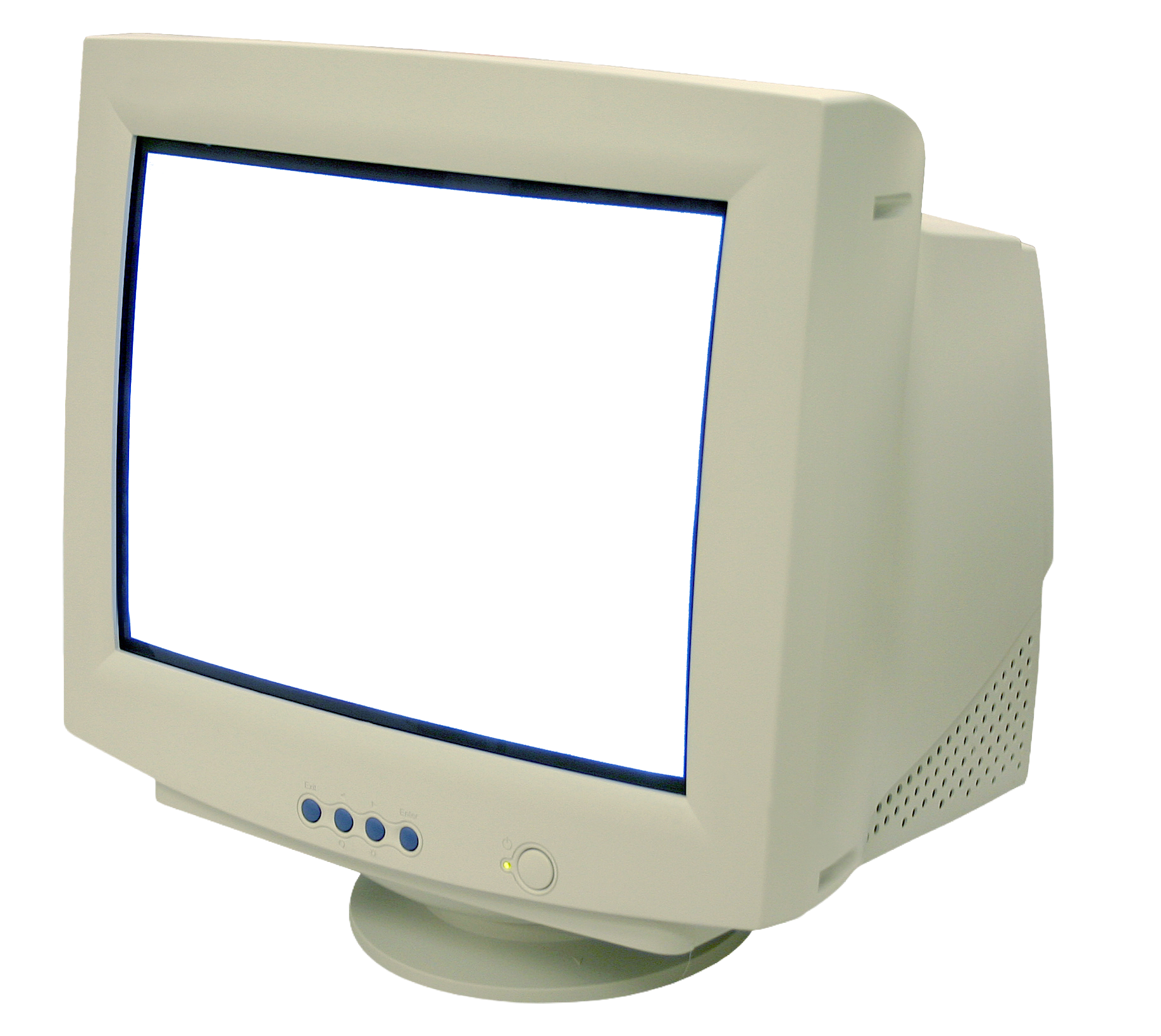 An old beige computer monitor with a blank screen, rounded edges, and a row of buttons on the front, placed on a circular stand.