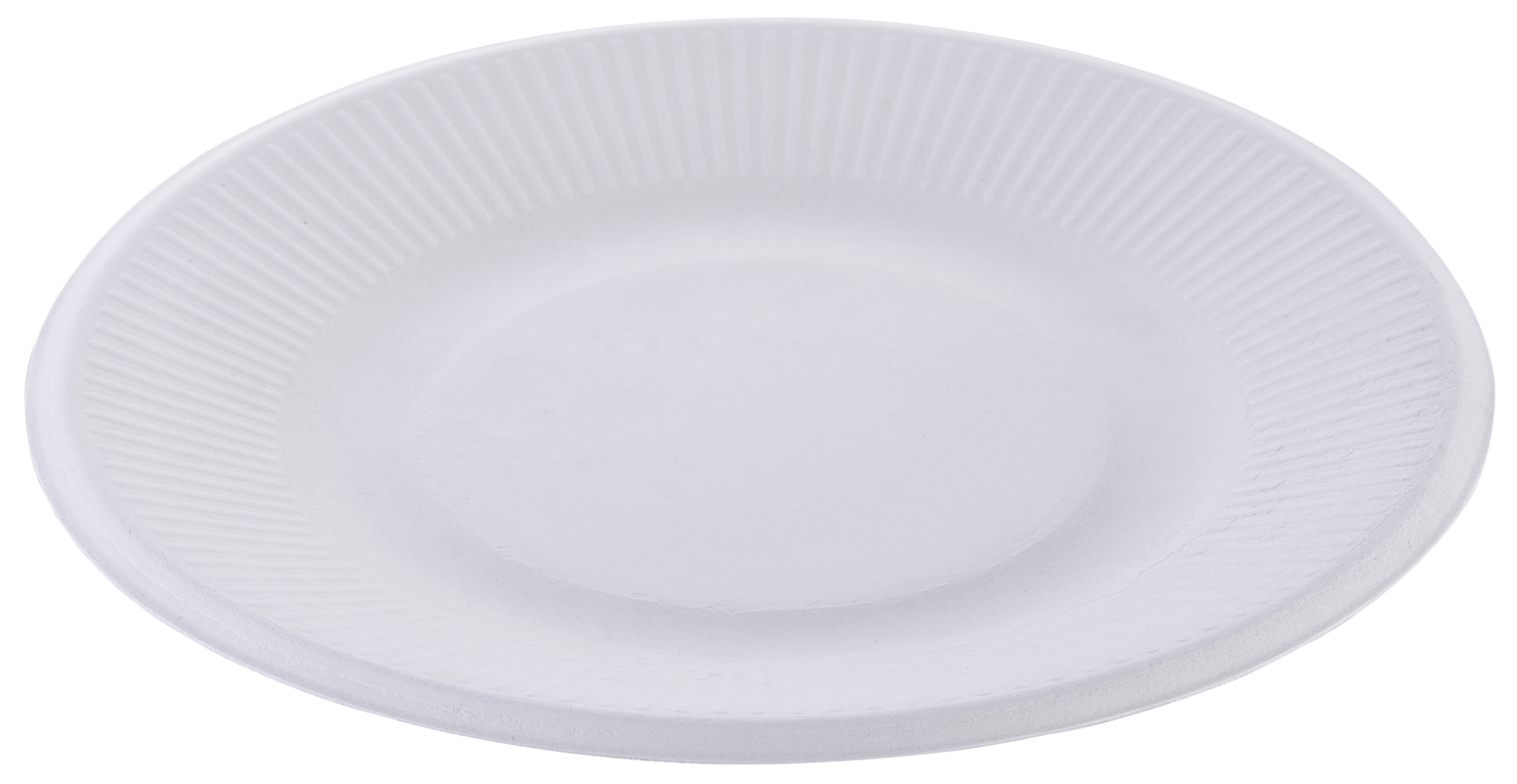 White disposable oval paper plate with a ridged border on a black background.