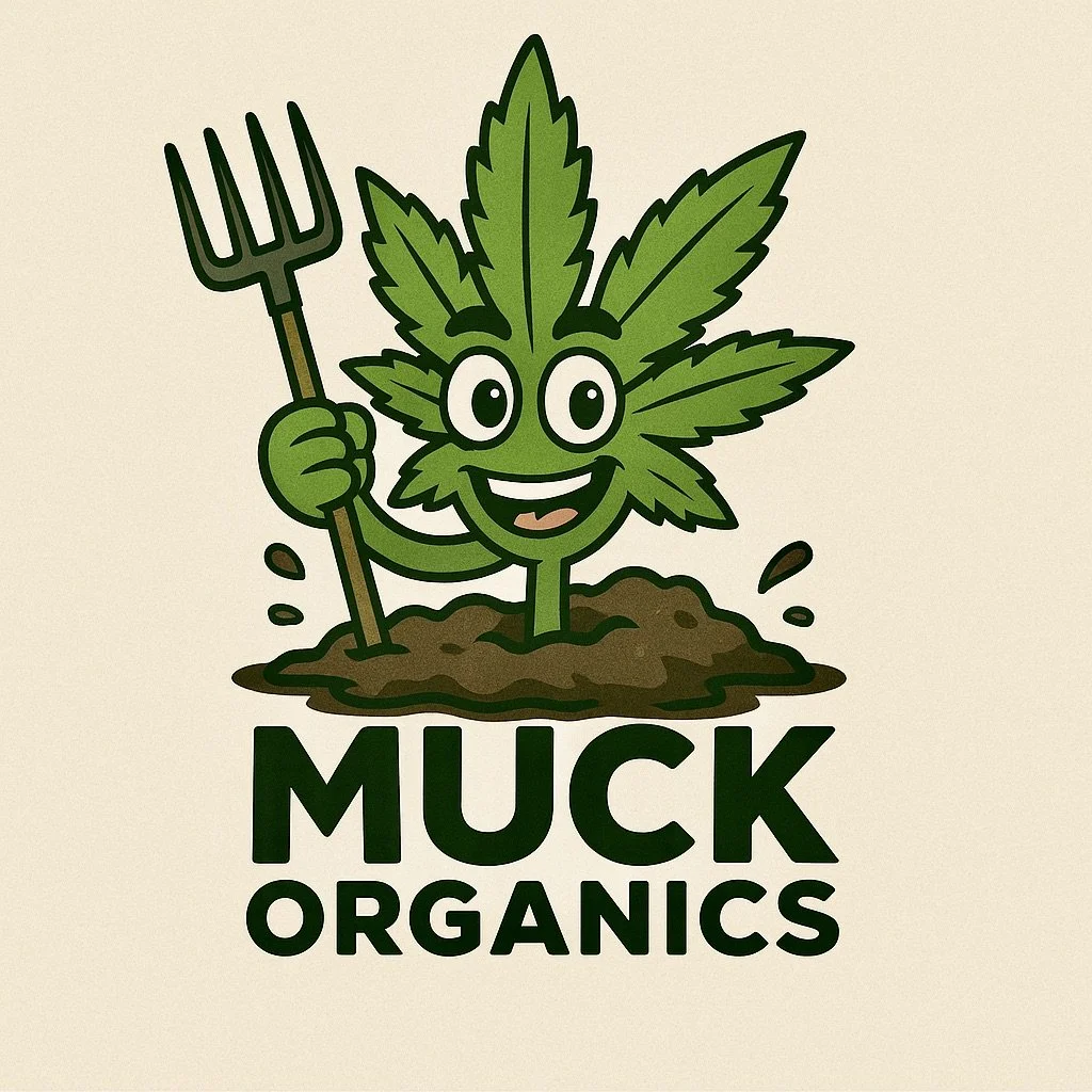 A cartoon mascot of a smiling cannabis leaf holding a pitchfork, emerging from the soil, with the text "Muck Organics" below.