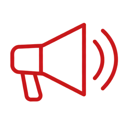 Red megaphone icon with sound waves.