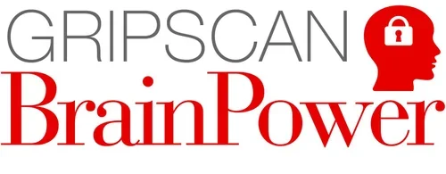 Logo with the words "GripScan BrainPower" in gray and red, with a silhouette of a head with a lock inside.