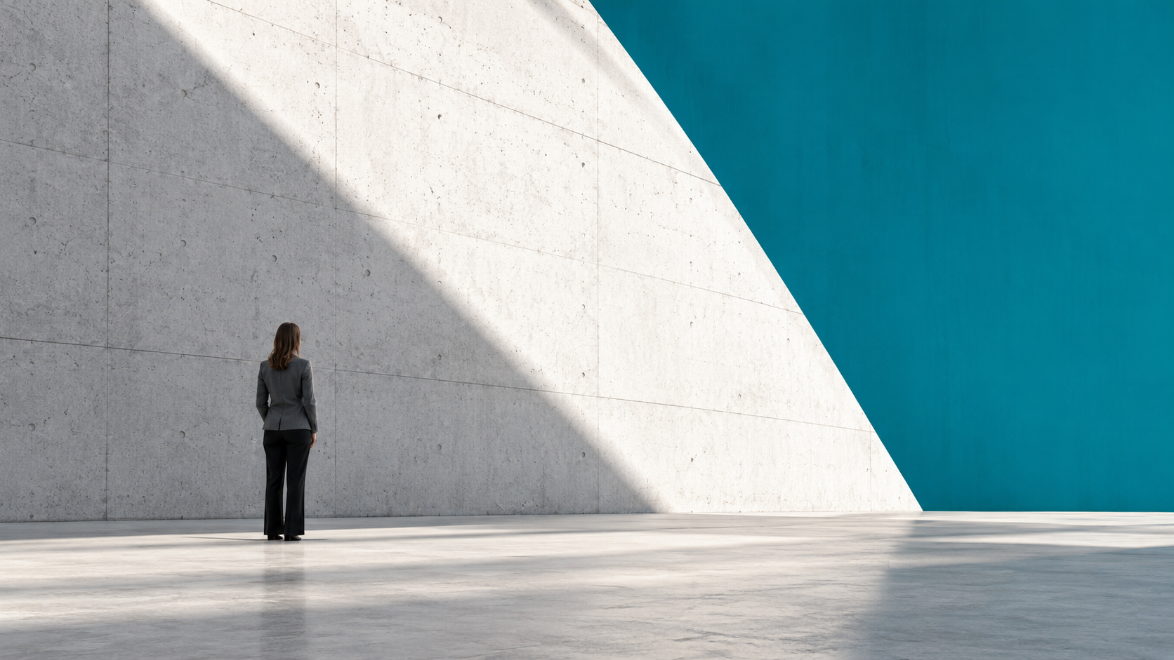 A person standing beneath diagonal light and curved concrete architecture beside a teal sky.