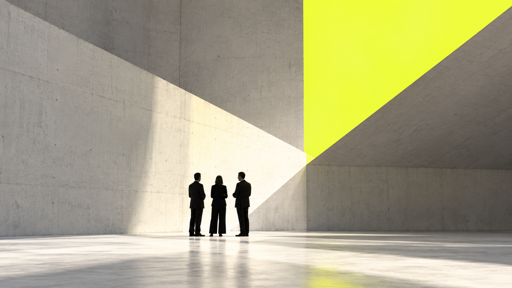 Three people beneath diagonal architectural light and a yellow accent.
