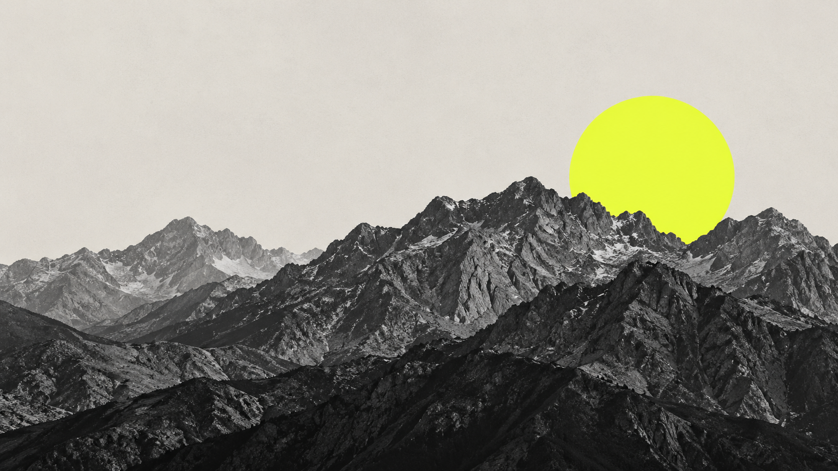 Black-and-white mountain ridges beneath a bright yellow sun.