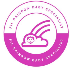 Pink circular logo with a smiling cloud and rainbow, surrounded by the text 'Fil Rainbow Baby Specialist' repeated twice.
