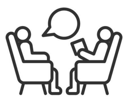 Two people having a conversation, one holding a mobile phone, with a speech bubble between them.