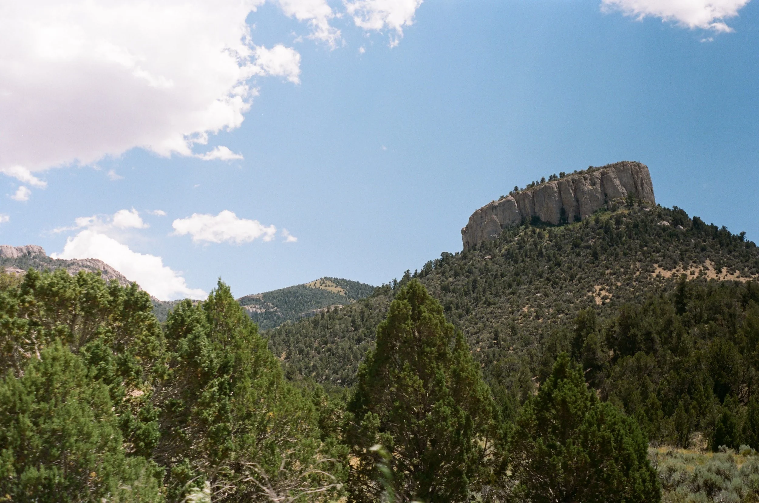 A mountain landscape with a large flat-topped rock formation, green trees in the foreground, and a partly cloudy blue sky.