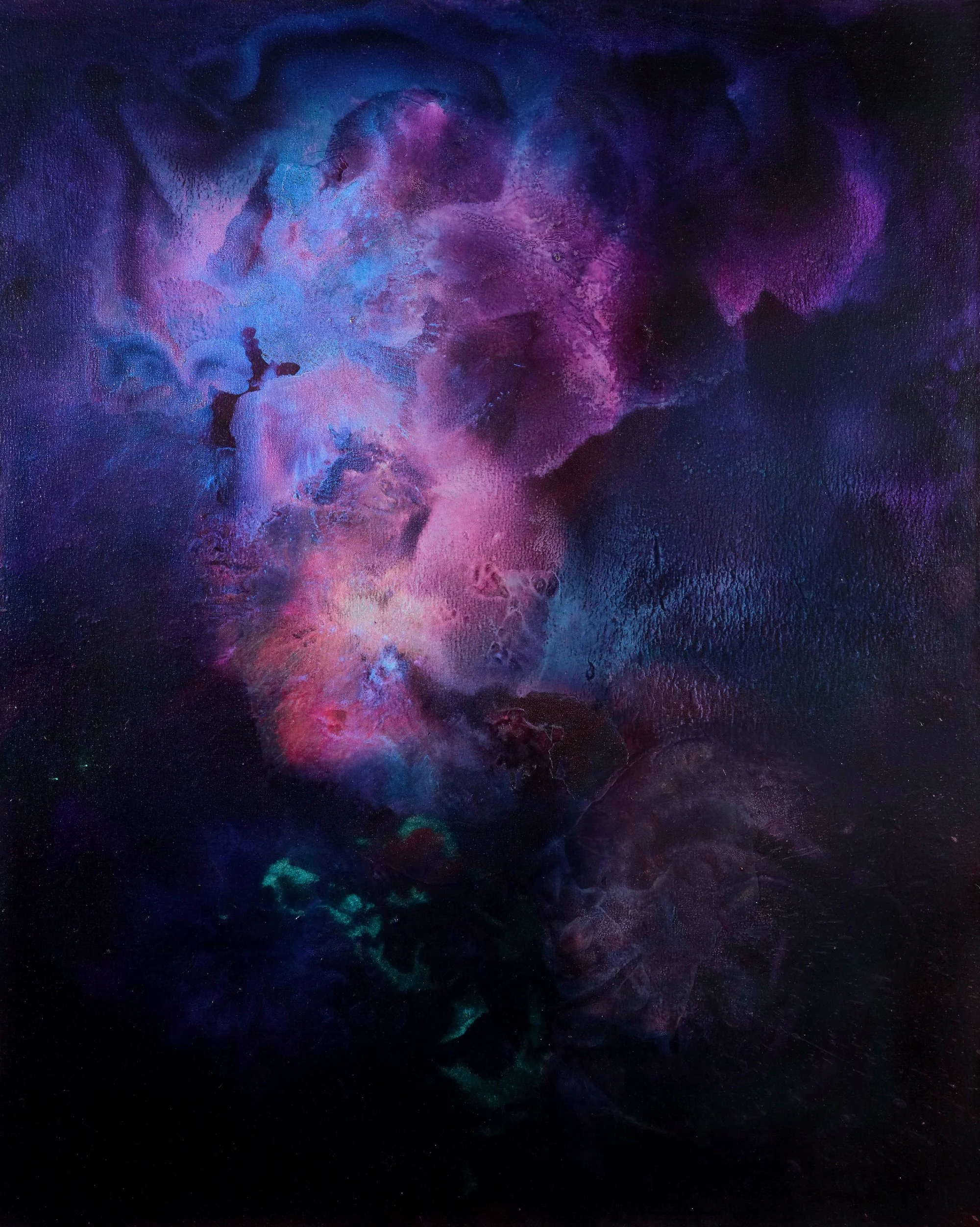 Abstract painting featuring nebulous clouds of pink, purple, blue, and black with hints of green, depicting a cosmic or space-themed scene.
