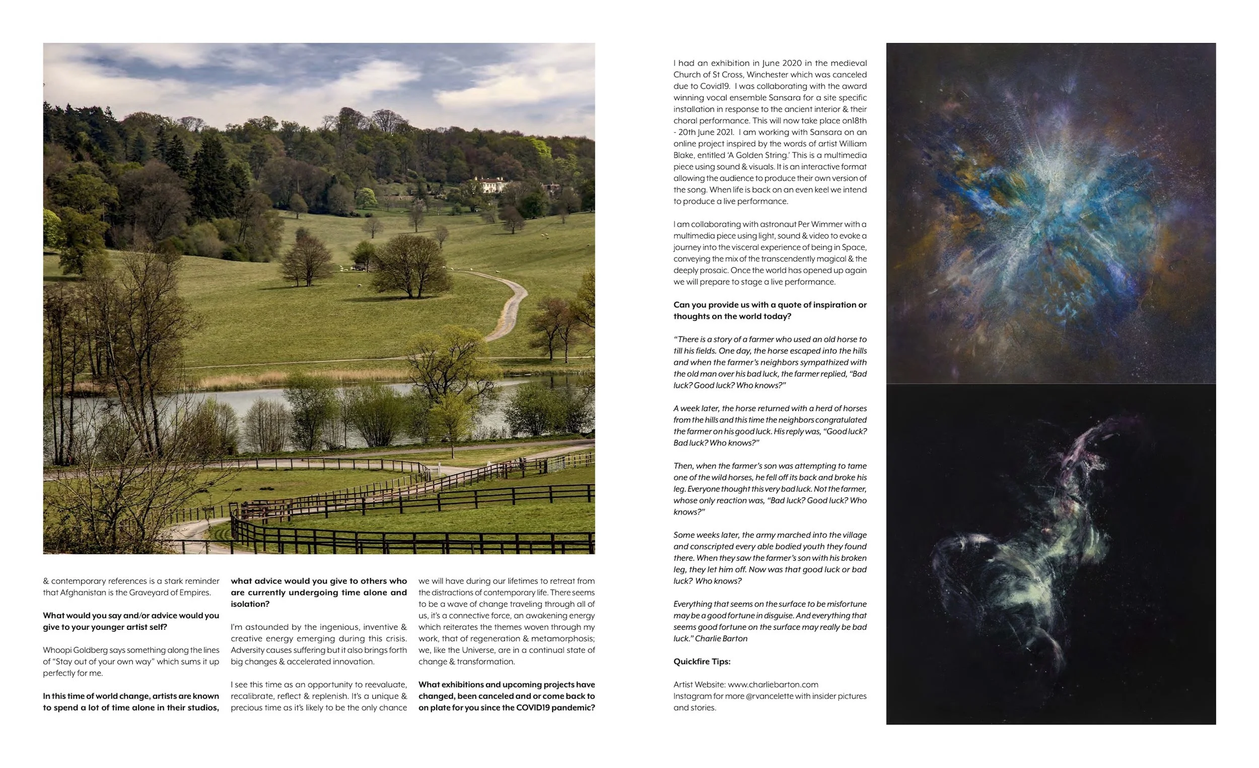 A scenic landscape with green hills, a winding path, and trees, near a body of water under a partly cloudy sky. To the right, a webpage with text about art exhibition and space imagery.