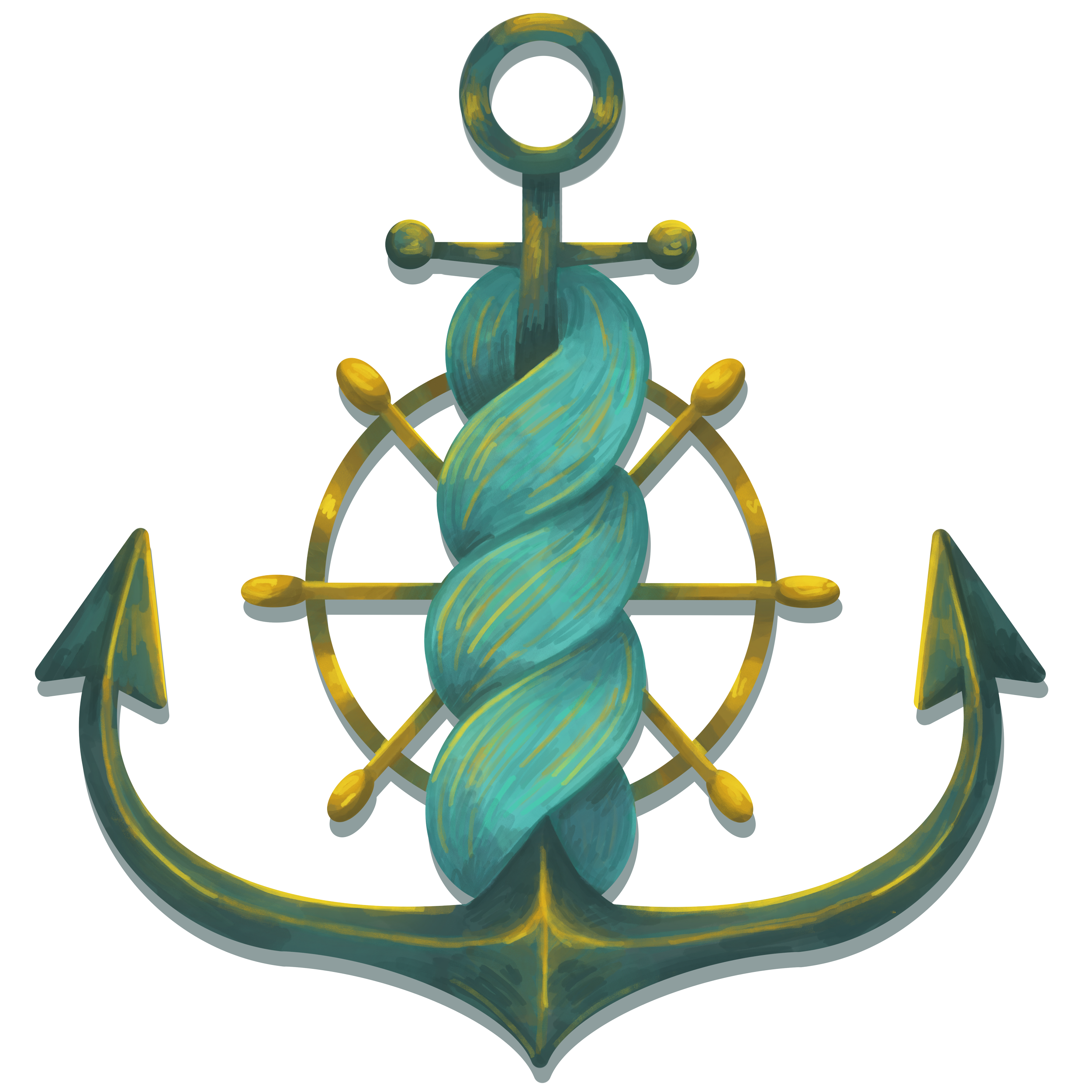 Logo for sunnmøre strikkefestival, Ei digital tegning av eit gult og blått anker. Ankeret har garn rundt seg.