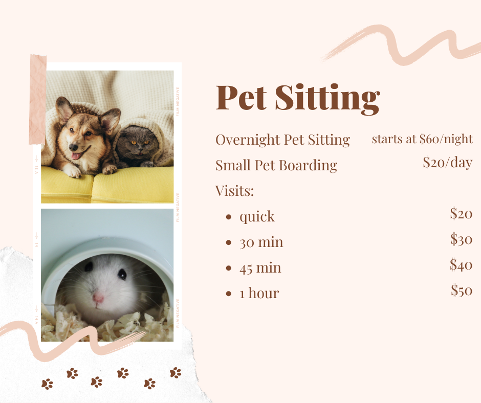 A pet sitting advertisement featuring a photo of a dog and cat on a yellow cushion, another photo of a hamster in its cage, and text listing pet sitting services with prices.
