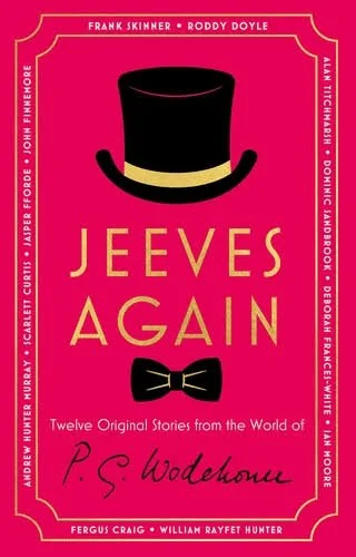 Book cover of 'Jeeves Again' featuring a black top hat, a black bow tie, and a pink background.