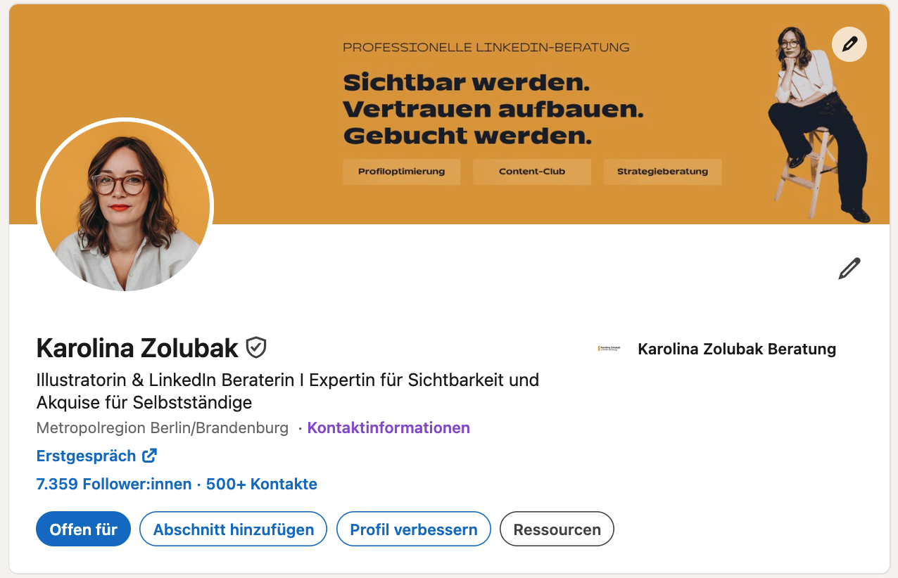LinkedIn profile header image featuring a woman with glasses and shoulder-length hair, sitting on a stool on the right, with bold German text and subtitle on an orange background, and profile information below.