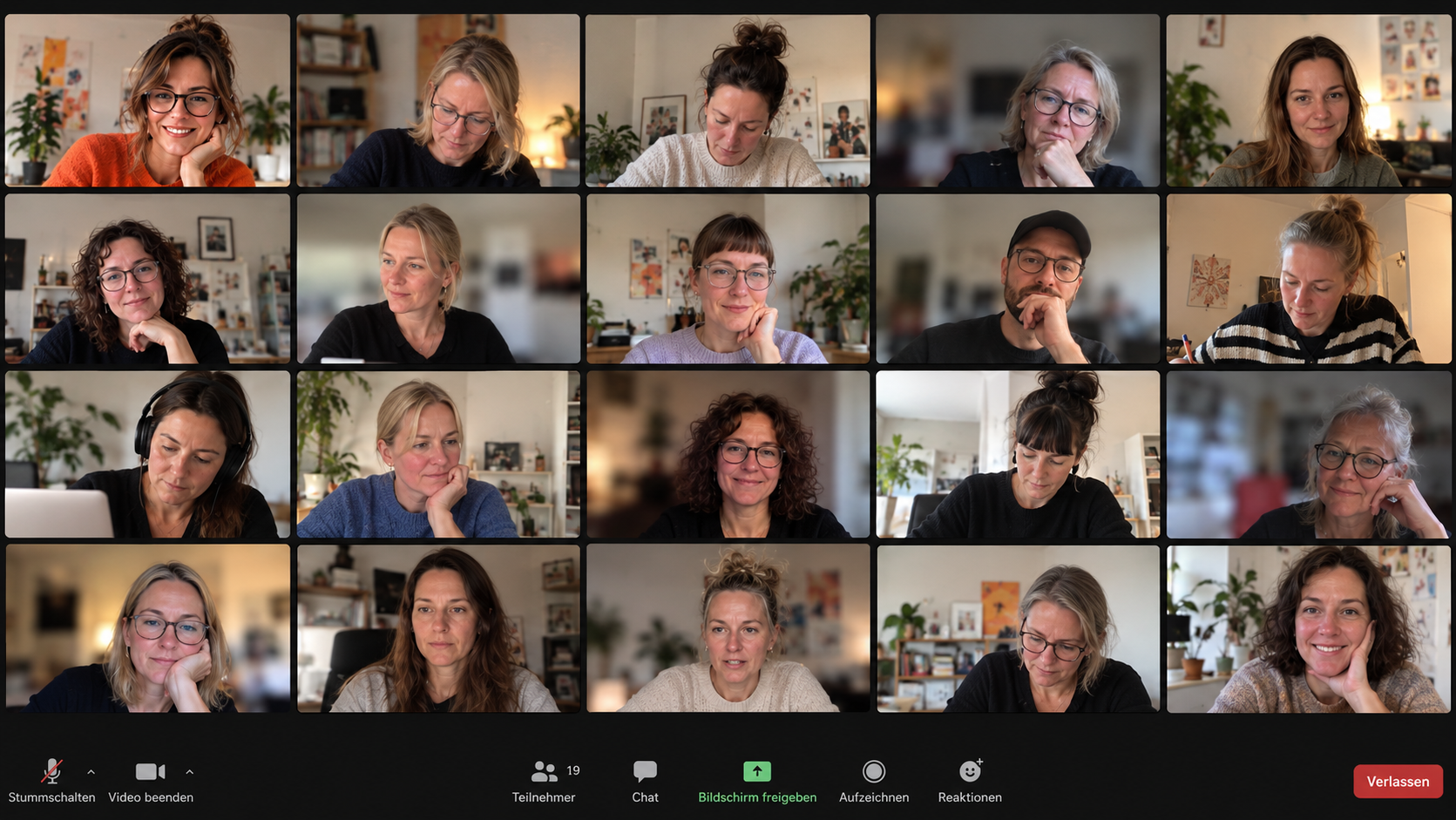 A virtual meeting with 19 diverse women and one man, all appearing engaged and attentive, on a video conferencing platform.