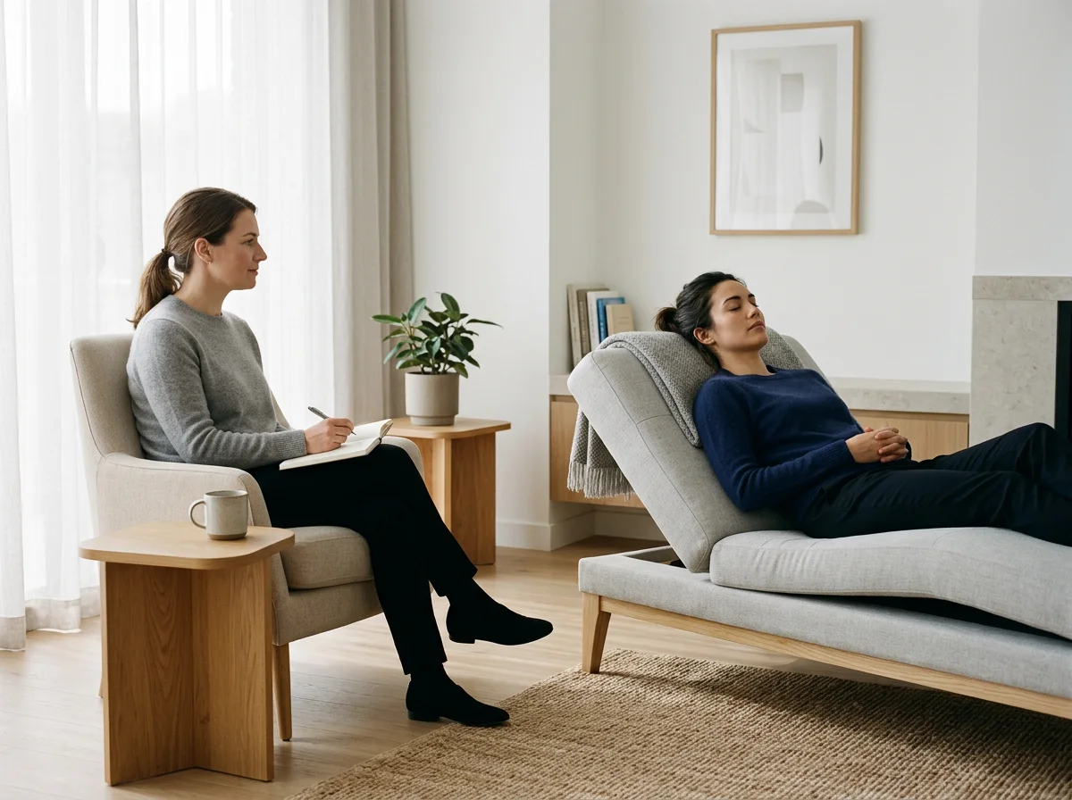 Een vrouw ligt ontspannen in een hypnotherapiestoel, terwijl de therapeut op een stoel tegenover haar zit en haar helpt.