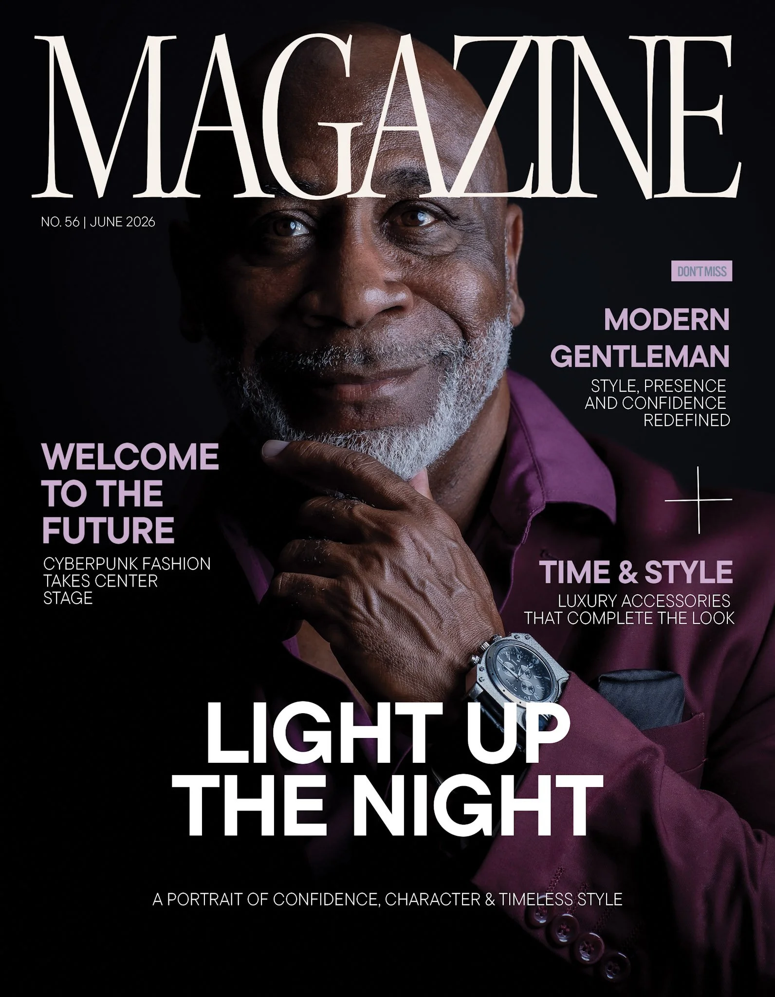 "Light Up the Night" magazine-style cover portrait