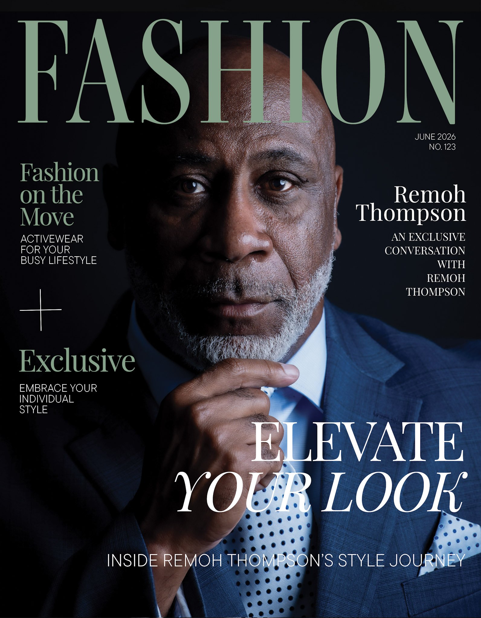 Magazine-style cover portrait of a gentleman in a blue suit