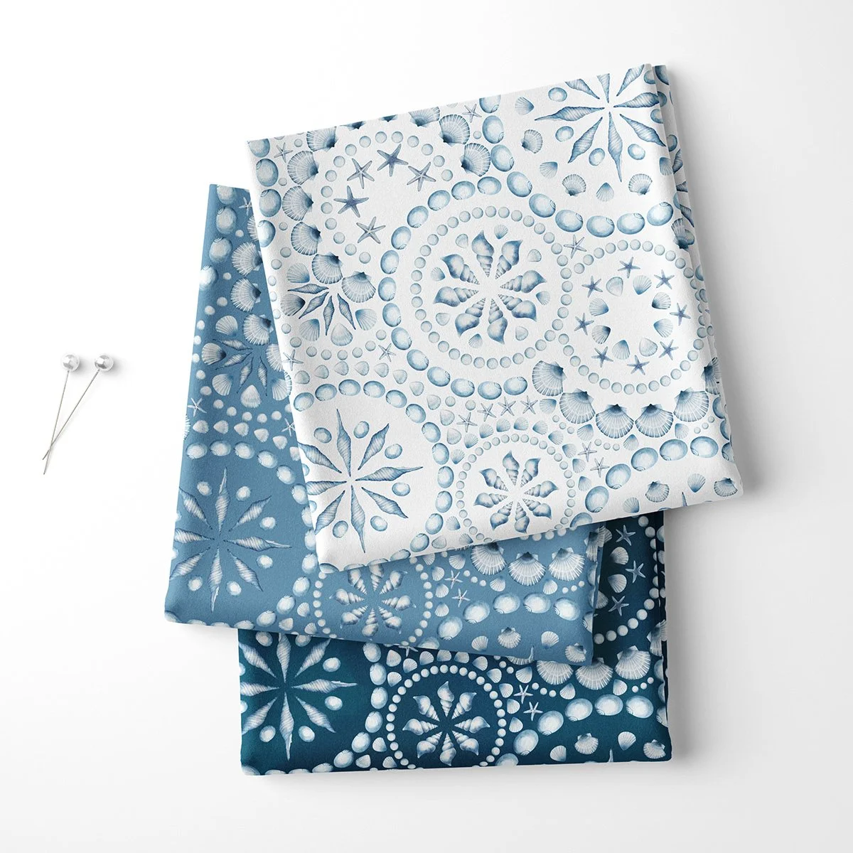 Pearls & Tides watercolor fabric with seashells, starfish and pearls in deep teal and powder blue