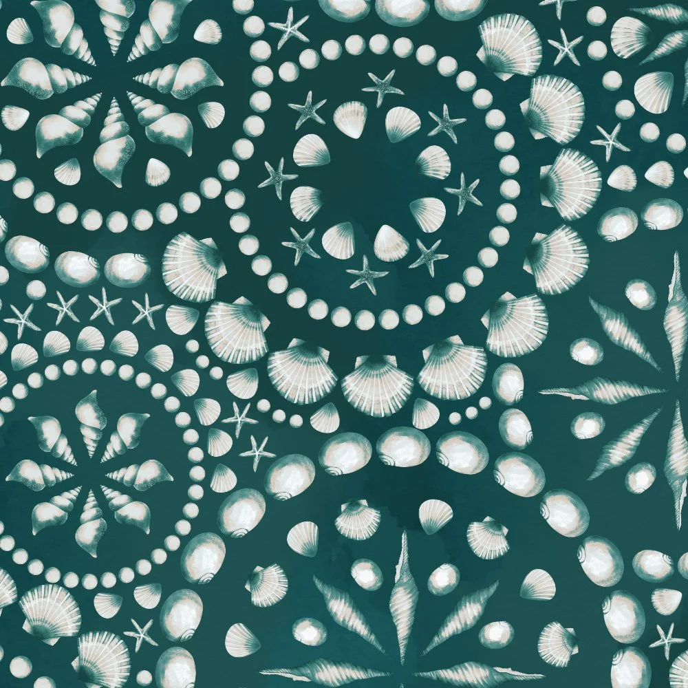 Ocean Mandala · hero print: shell-and-pearl mandalas on deep teal