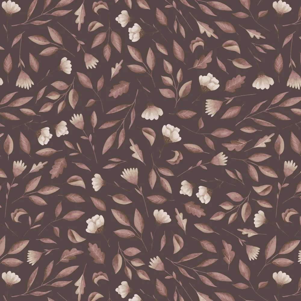 Gathered Wildflowers · coordinate: tossed taupe leaves and tiny blooms on cocoa brown