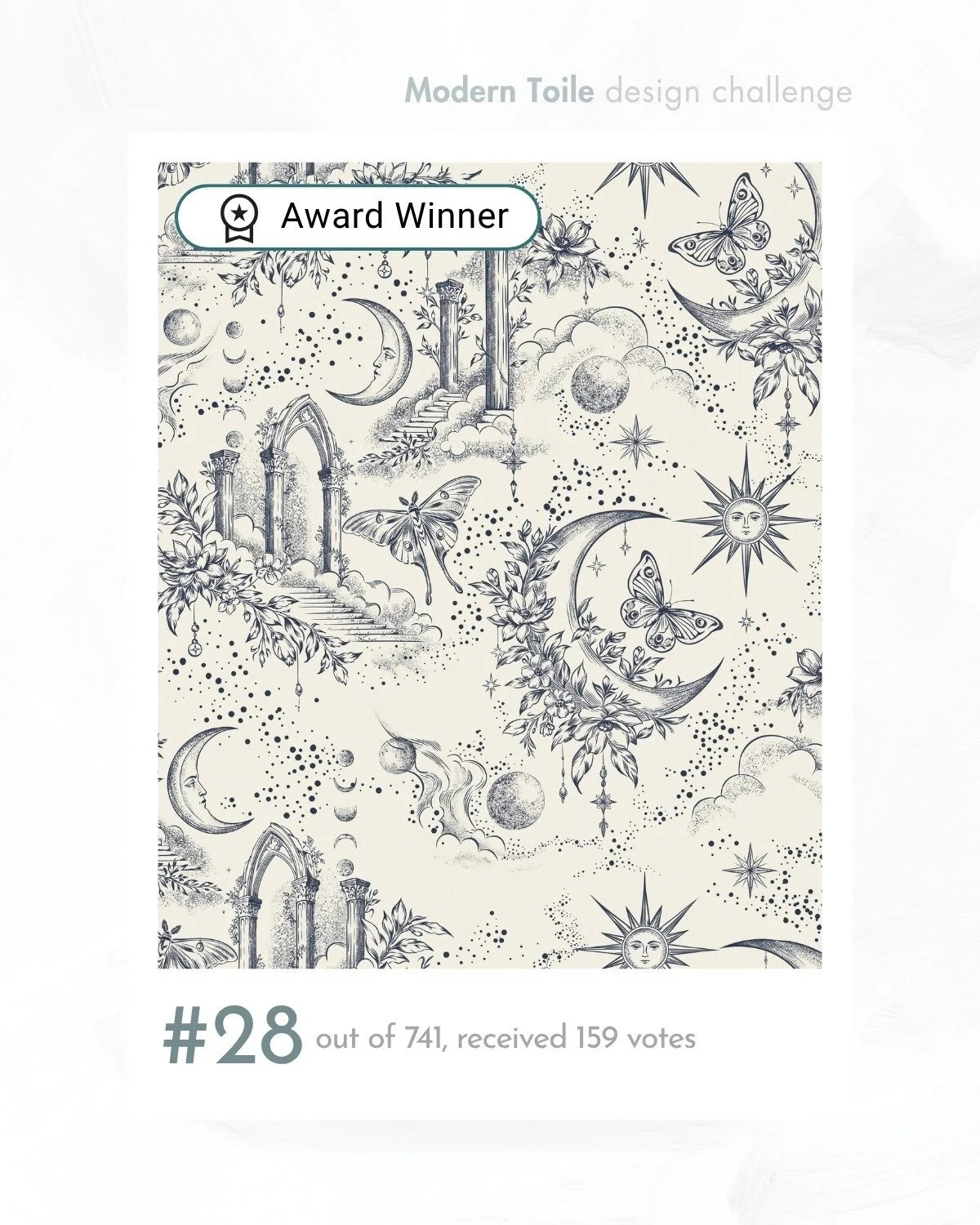 I'm so happy and proud of myself 😊

This design placed 28th out of 741 entries in the Modern Toile Design Challenge, making this my fourth Spoonflower challenge win! Yay! 🥹✨

Thank you so much to everyone who voted for my design. Every bit of suppo