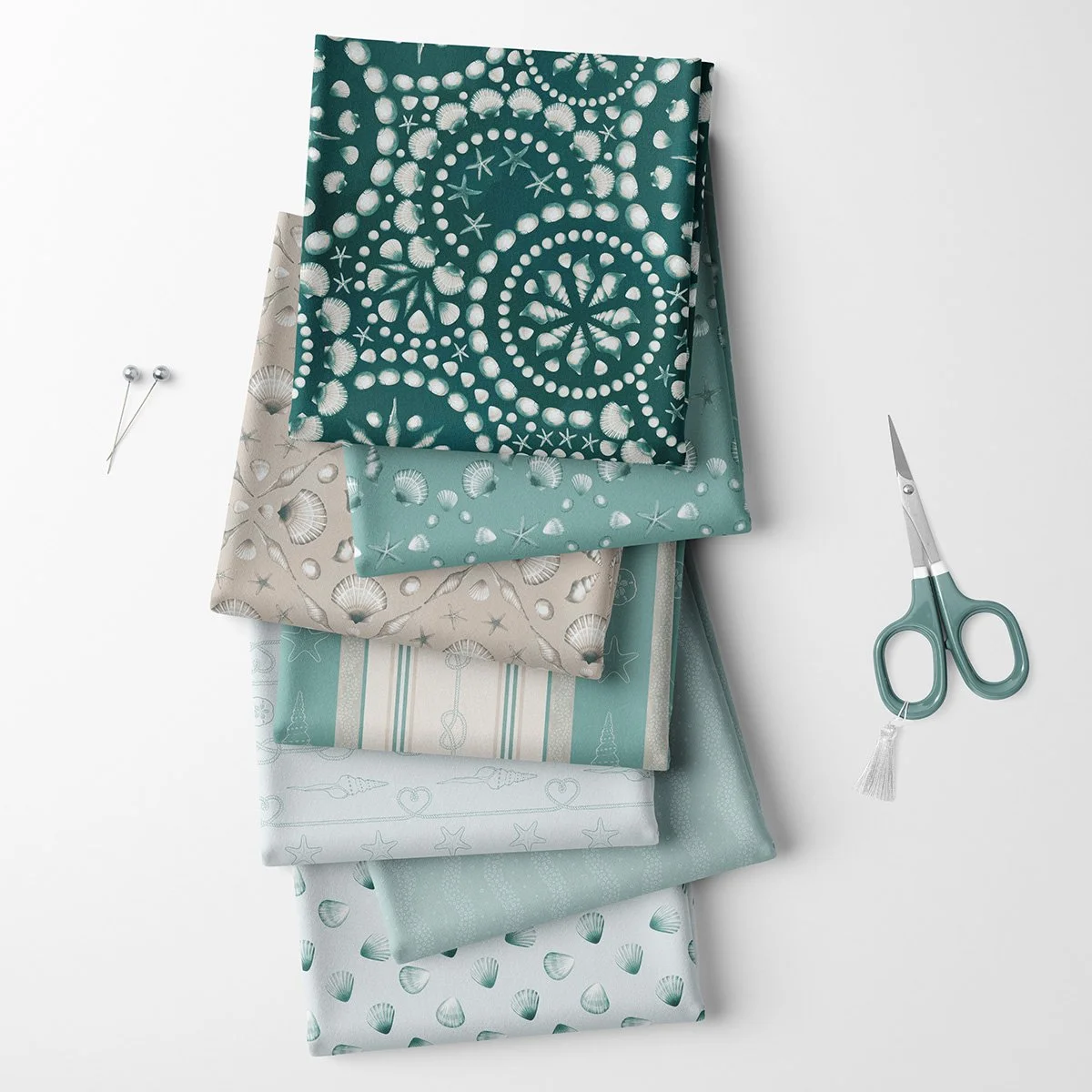 Pearls & Tides watercolor fabric with seashells, starfish and pearls in deep teal and sage
