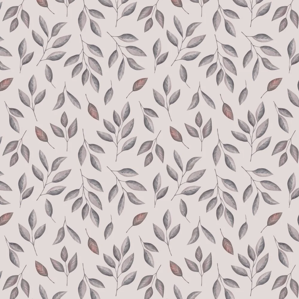 Woodland Leaves · coordinate: grey leafy sprigs with rosewood accents on pale blush