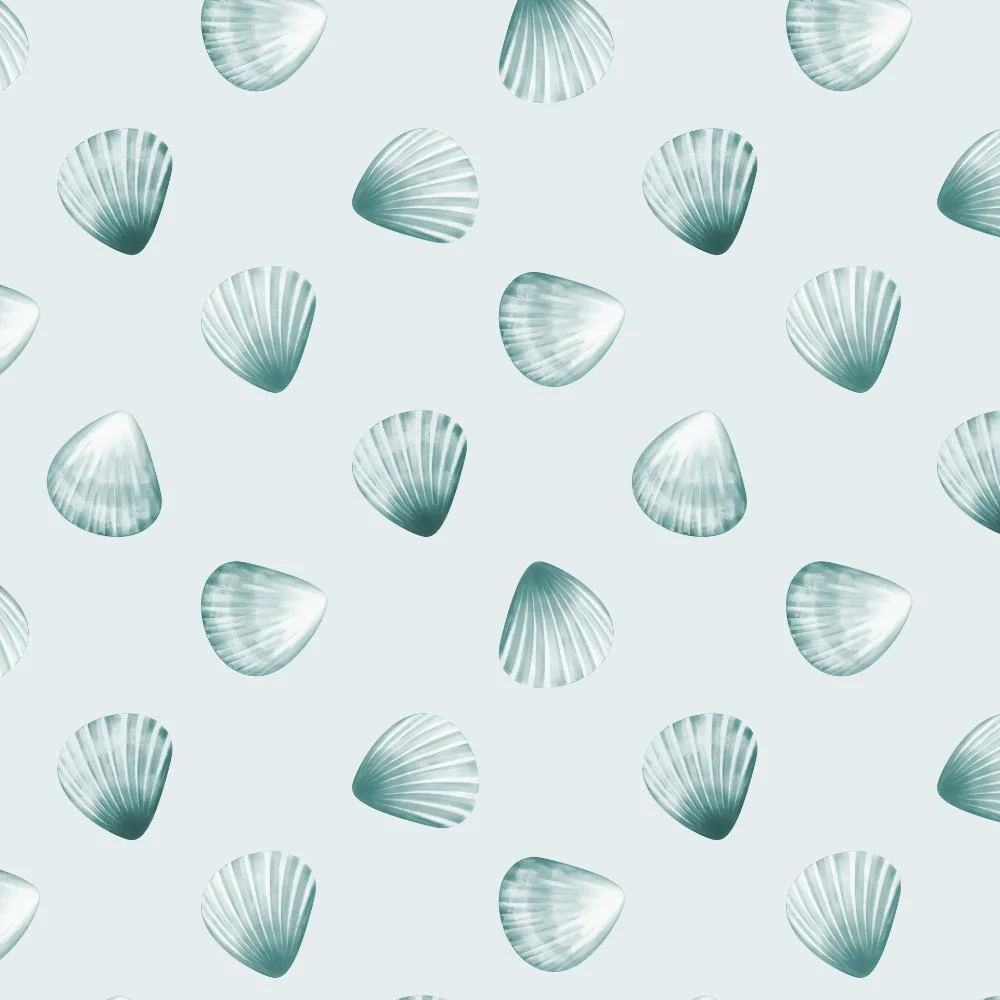 Seaside Keepsakes · blender: tossed scallop shells on powder blue