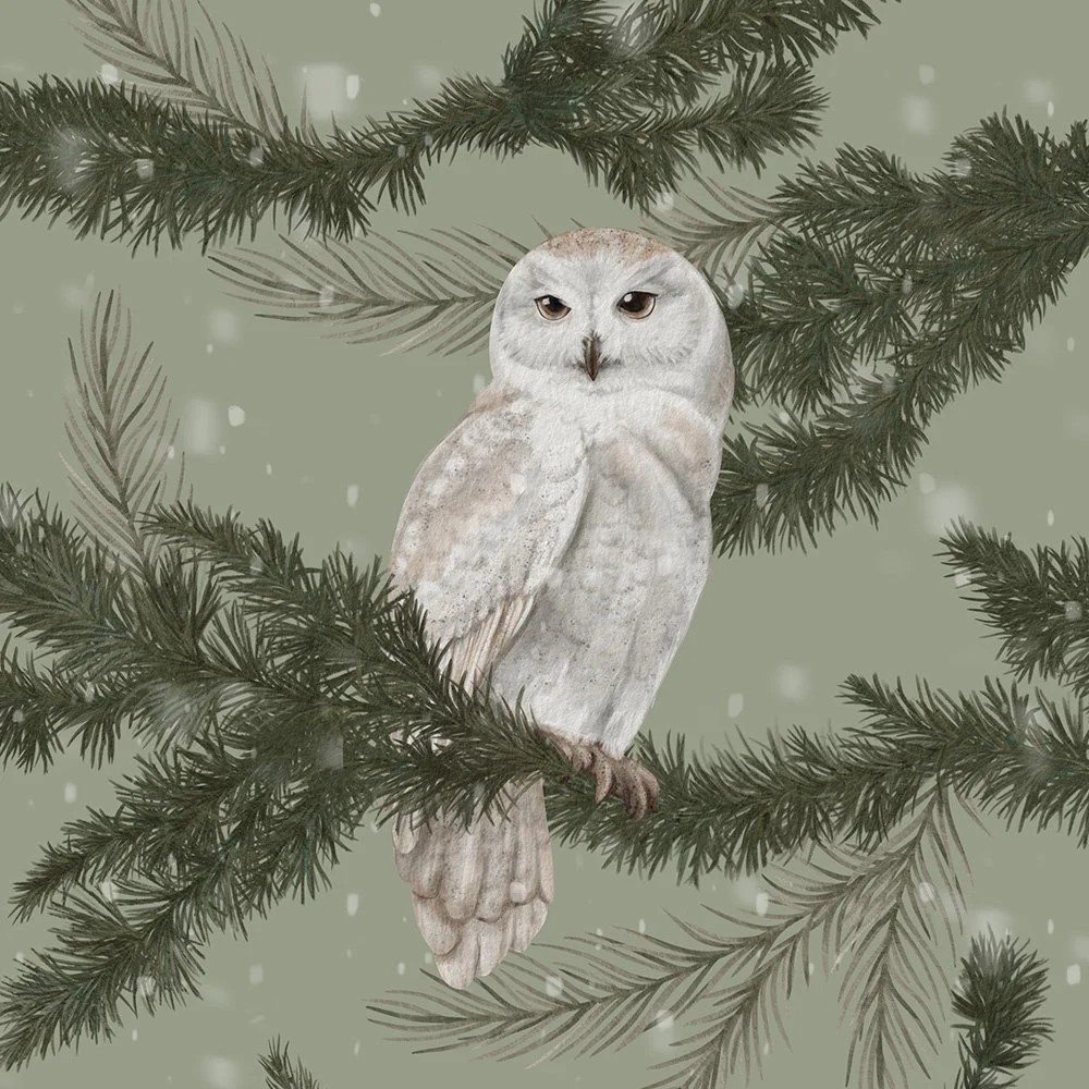 Majestic Sentinel · owl panel: a snowy owl perched on a pine branch against soft sage