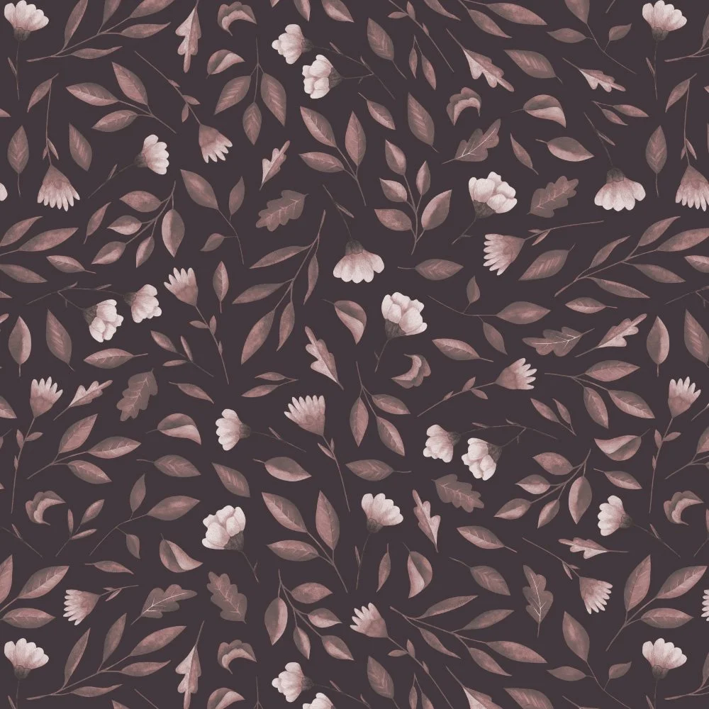 Gathered Wildflowers · coordinate: tossed mauve leaves and tiny cream blooms on espresso brown