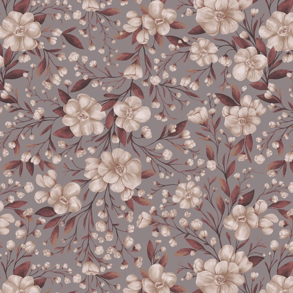 Cosmos Flowers · hero print: cream cosmos blooms and rosewood leaves on warm taupe grey