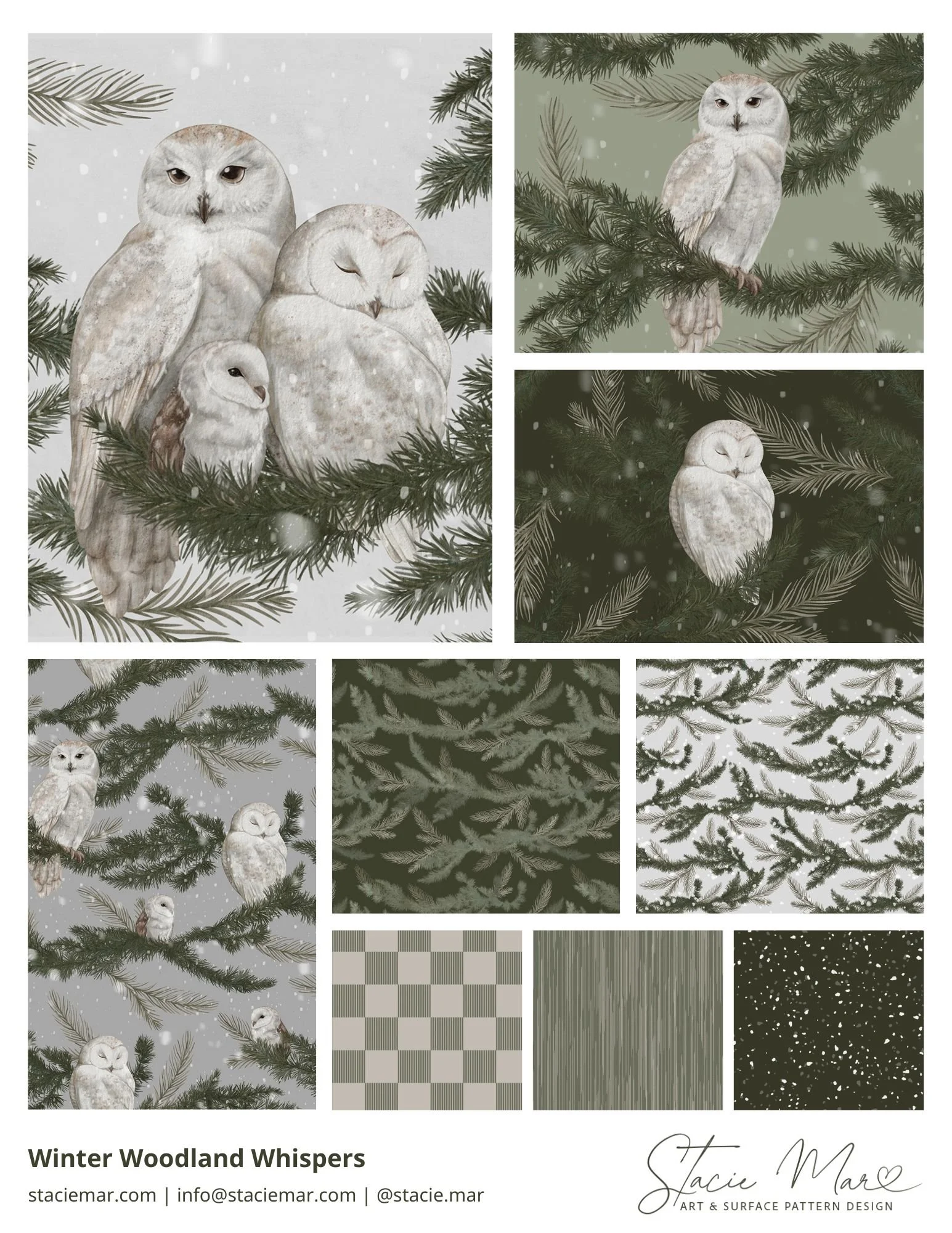 Winter Woodland Whispers surface pattern collection by Stacie Mar: snowy owl panels, pine bough prints and winter blenders in sage, forest green and soft grey
