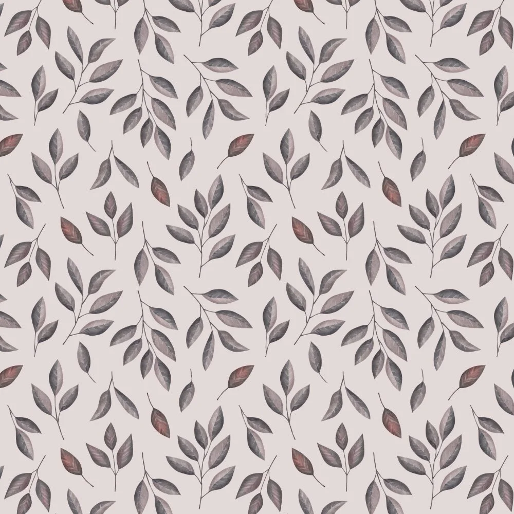 Woodland Leaves · coordinate: grey and mauve leafy sprigs on warm cream
