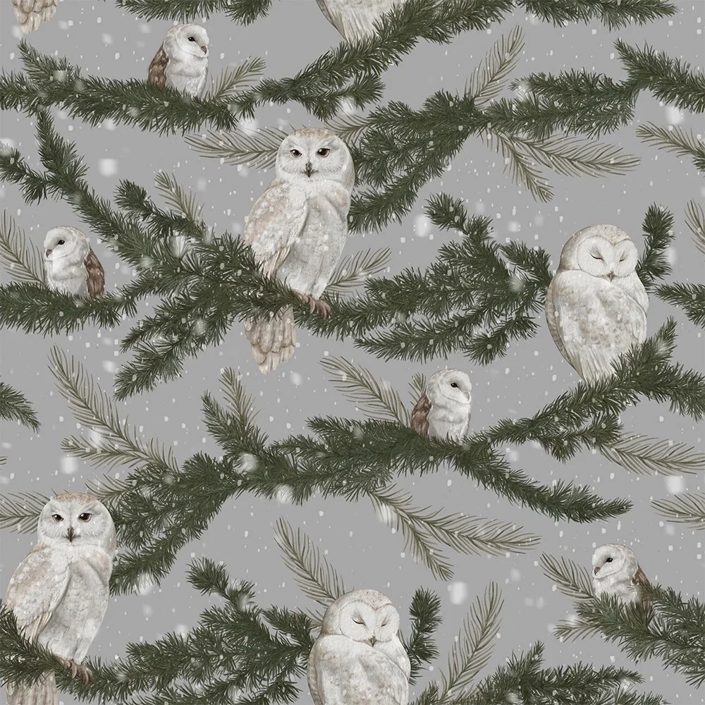 Woodland Watchers · hero print: snowy owls perched on pine boughs in falling snow on soft grey