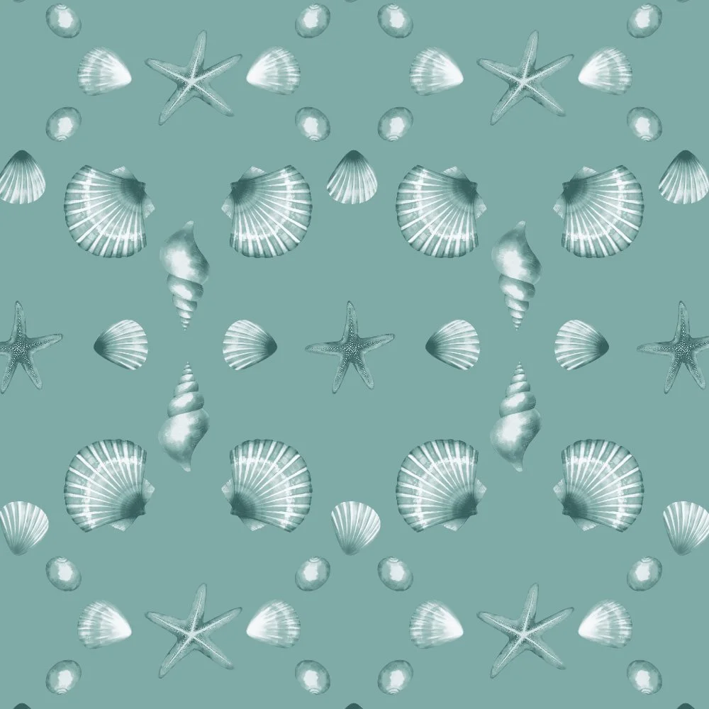 Tidal Lace · coordinate: scallop shells and starfish in a lacy repeat on teal