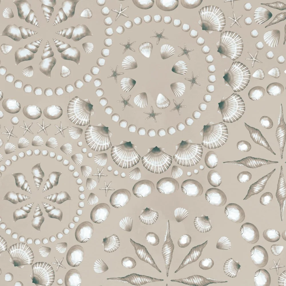 Ocean Mandala · hero print: shell-and-pearl mandalas on warm sand