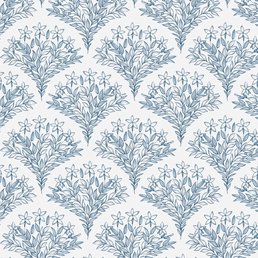 Floral Fan · coordinate: blue floral fans in a scalloped repeat on white